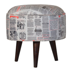 Round Footstool With News Print Velvet