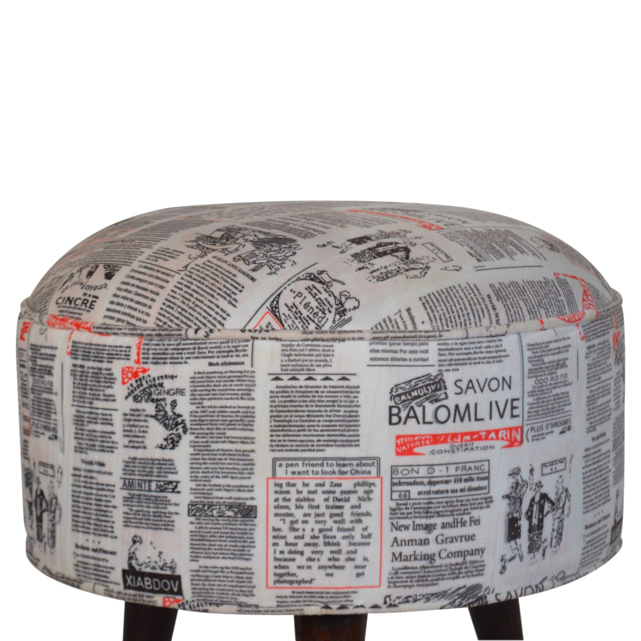 Round Footstool With News Print Velvet