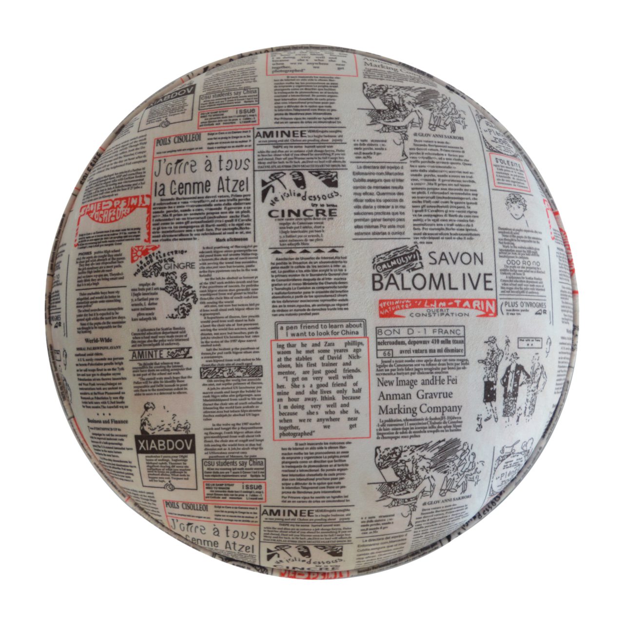 Round Footstool With News Print Velvet