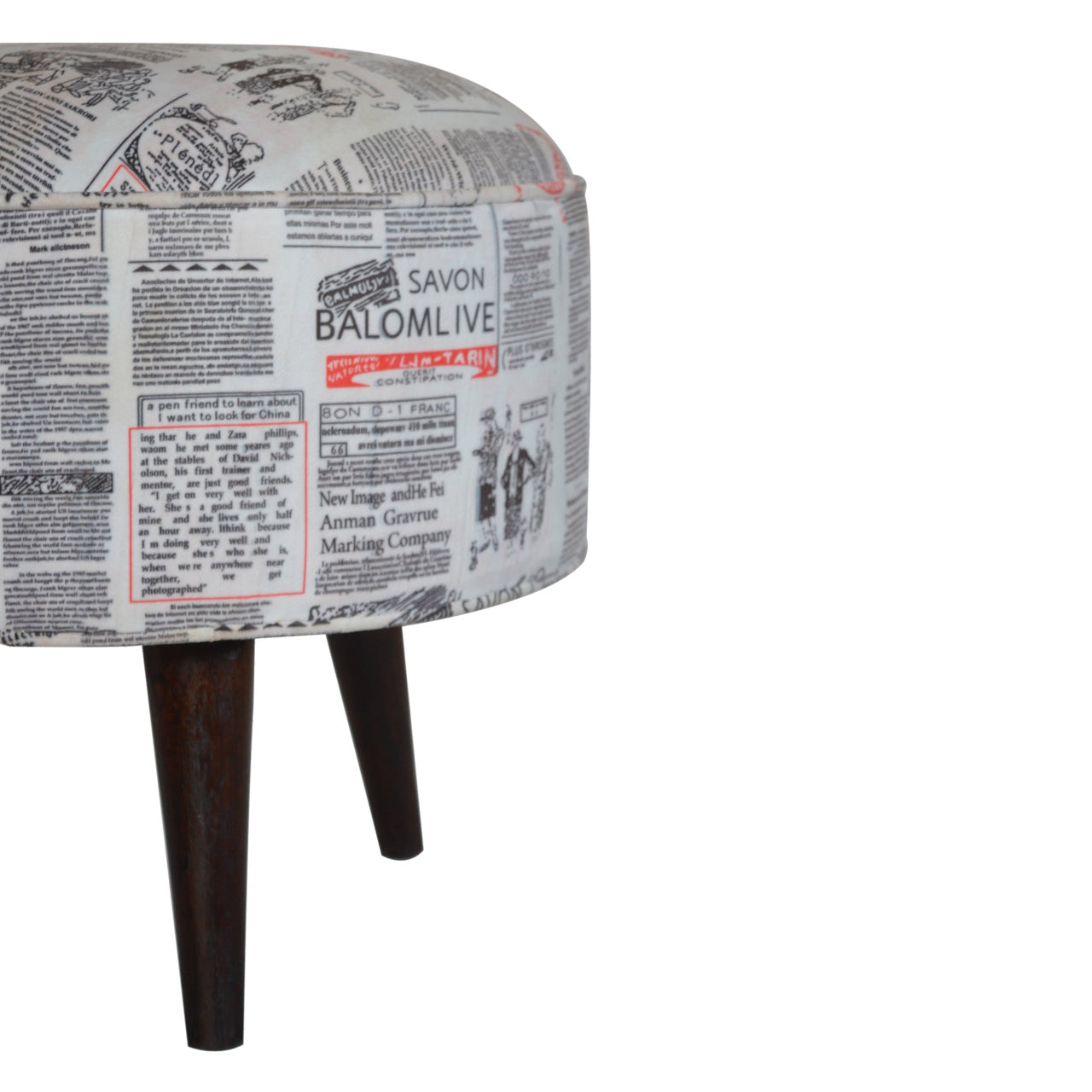 Round Footstool With News Print Velvet