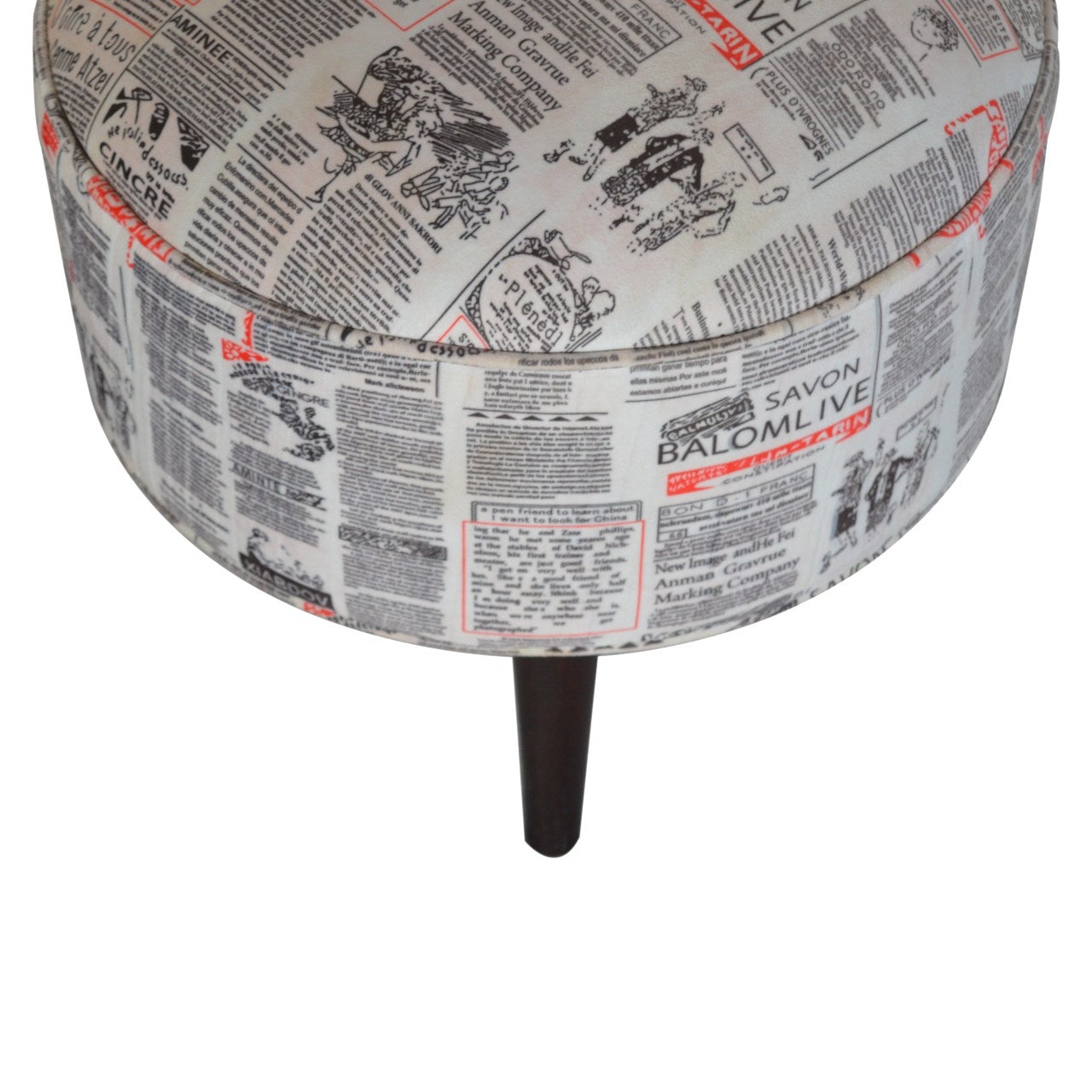 Round Footstool With News Print Velvet