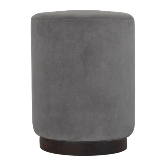 Medium Grey Velvet Footstool with Wooden Base