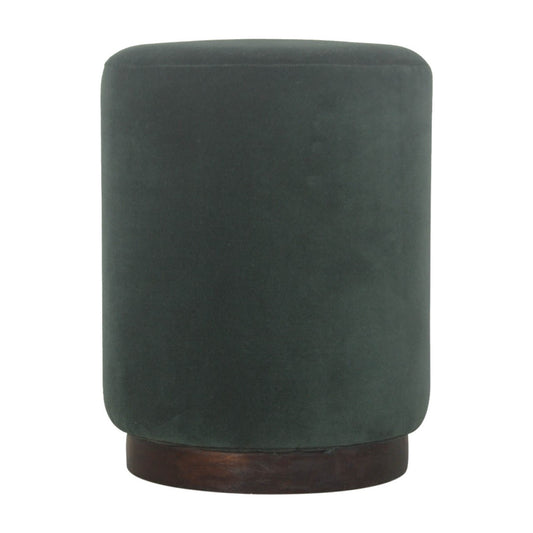 Medium Emerald Green Velvet Footstool with Wooden Base