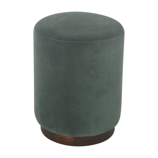 Medium Emerald Green Velvet Footstool with Wooden Base