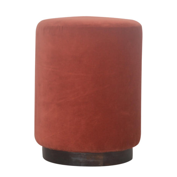 Medium Rust Velvet Footstool with Wooden Base