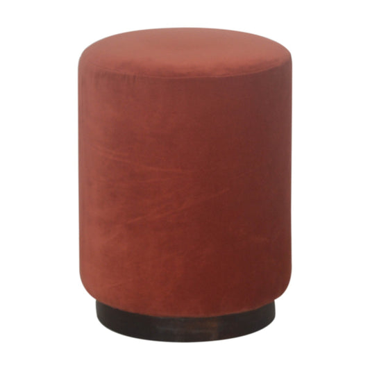 Medium Rust Velvet Footstool with Wooden Base