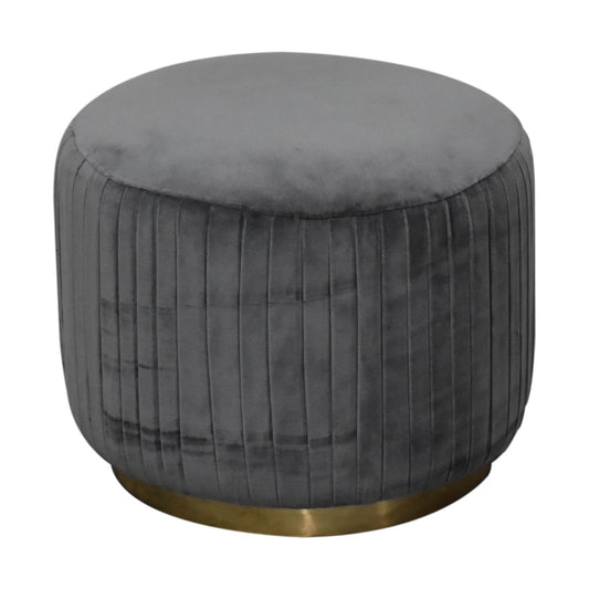 Pleated Footstool in Grey Velvet with Gold Base