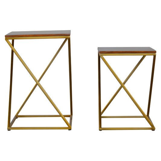 Set of 2 Chestnut Nesting Tables with Gold Base