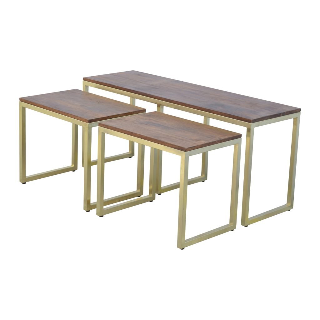 Set of 3 Solid Wood & Iron Gold Base Table