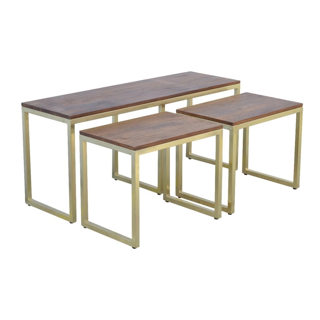 Set of 3 Solid Wood & Iron Gold Base Table