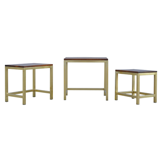 Set of 3 Golden Stools with Chunky Wooden Top