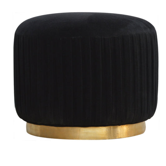 Pleated Footstool in Black Velvet with Gold Base