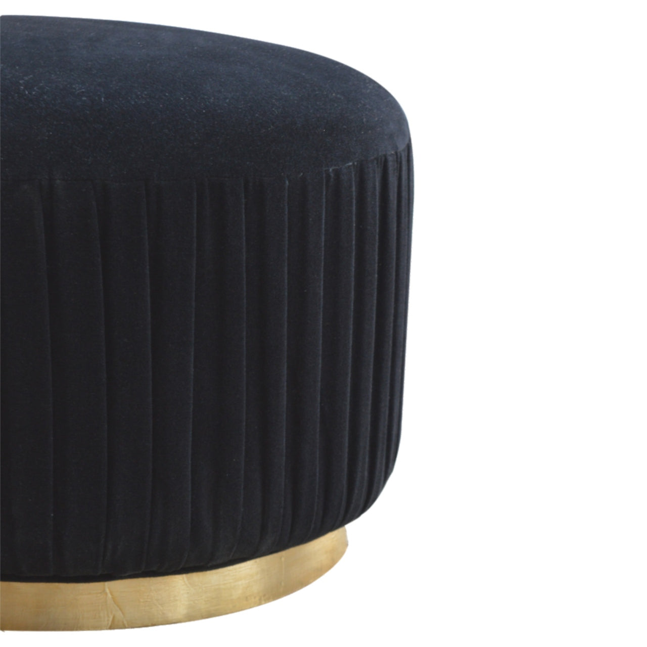 Pleated Footstool in Black Velvet with Gold Base