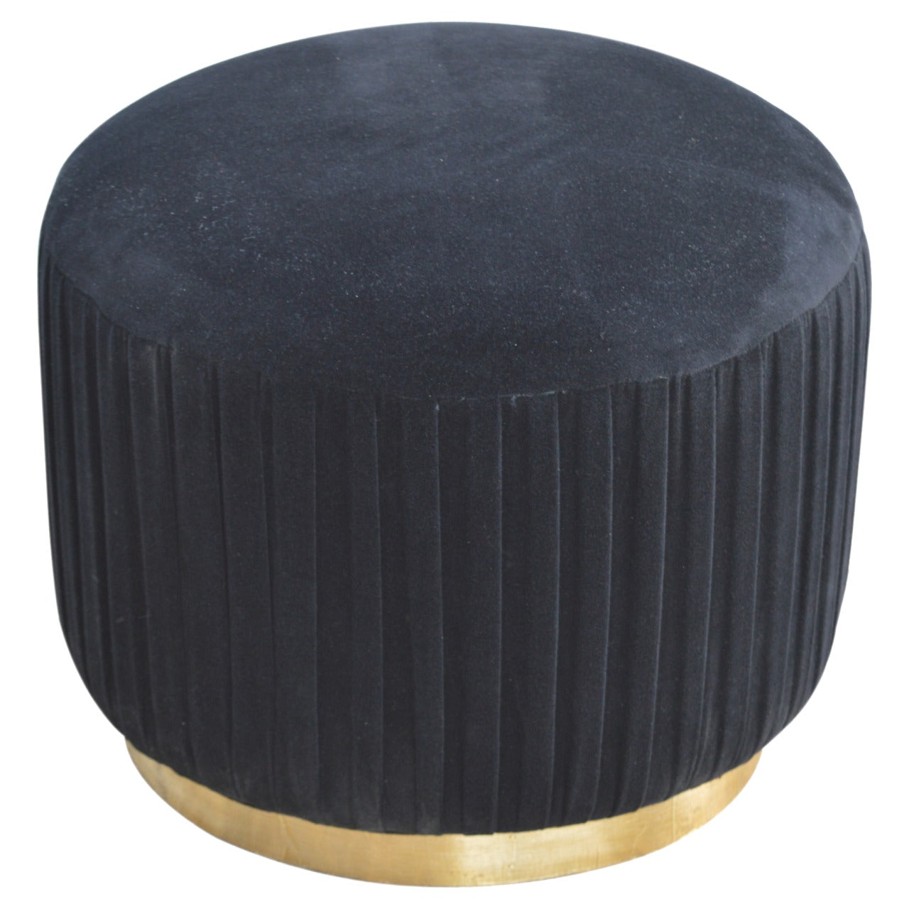 Pleated Footstool in Black Velvet with Gold Base