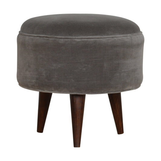 Nordic Round Grey Velvet Footstool