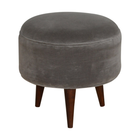 Nordic Round Grey Velvet Footstool